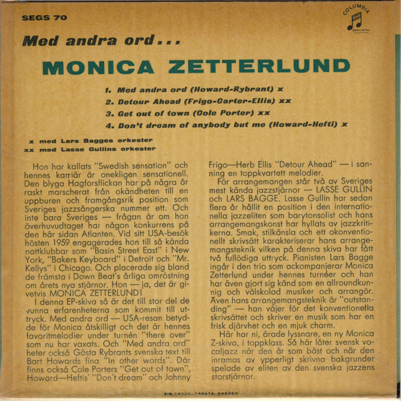 Monica Zetterlund Swedish Lars Gullin Columbia SEGS70-2